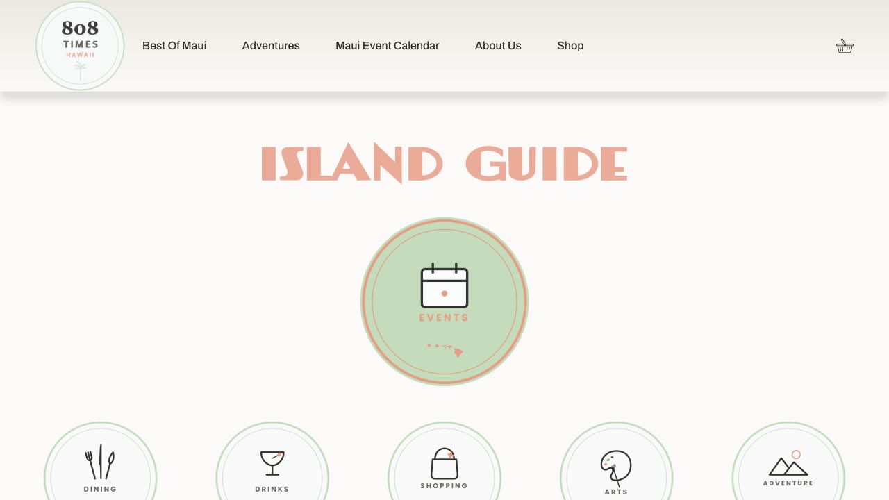 808 Times homepage with its island guide and category navigation