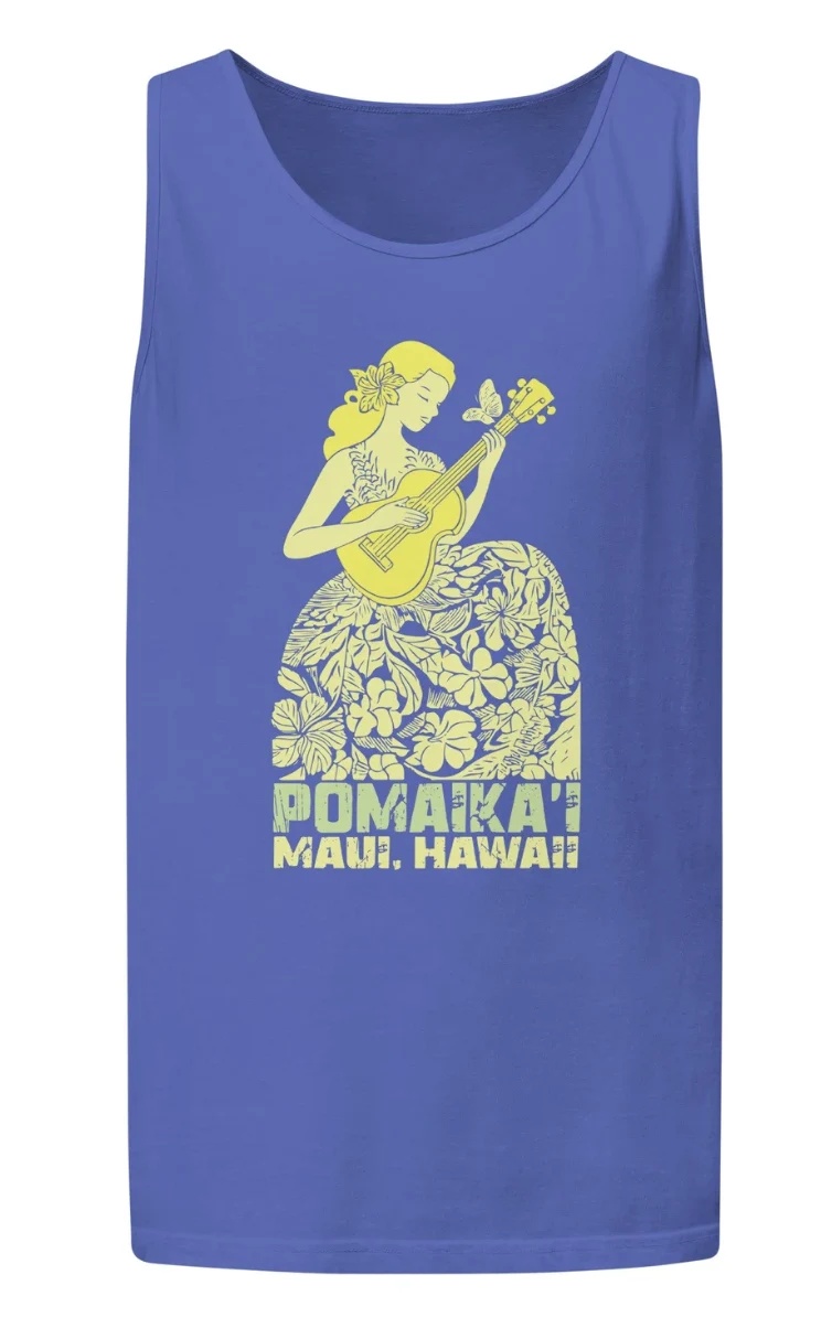 Pomaikaʻi yellow illustration on purple apparel
