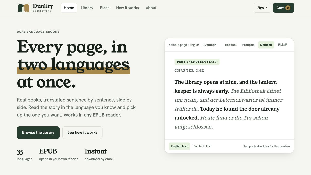 Duality Bookstore homepage with its bilingual reading preview